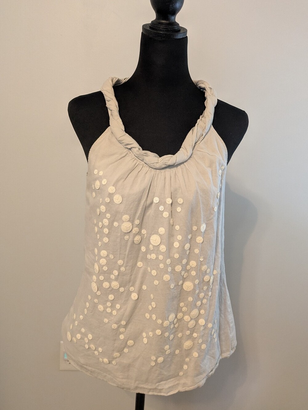 LOFT Smoke Gray Sleeveless Tank Dress Twisted Neckline Sequins Cotton Size Small